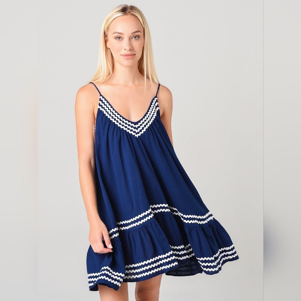 9 Seed St. Tropez Navy‎ White Ric Rac Mini Dress One Size